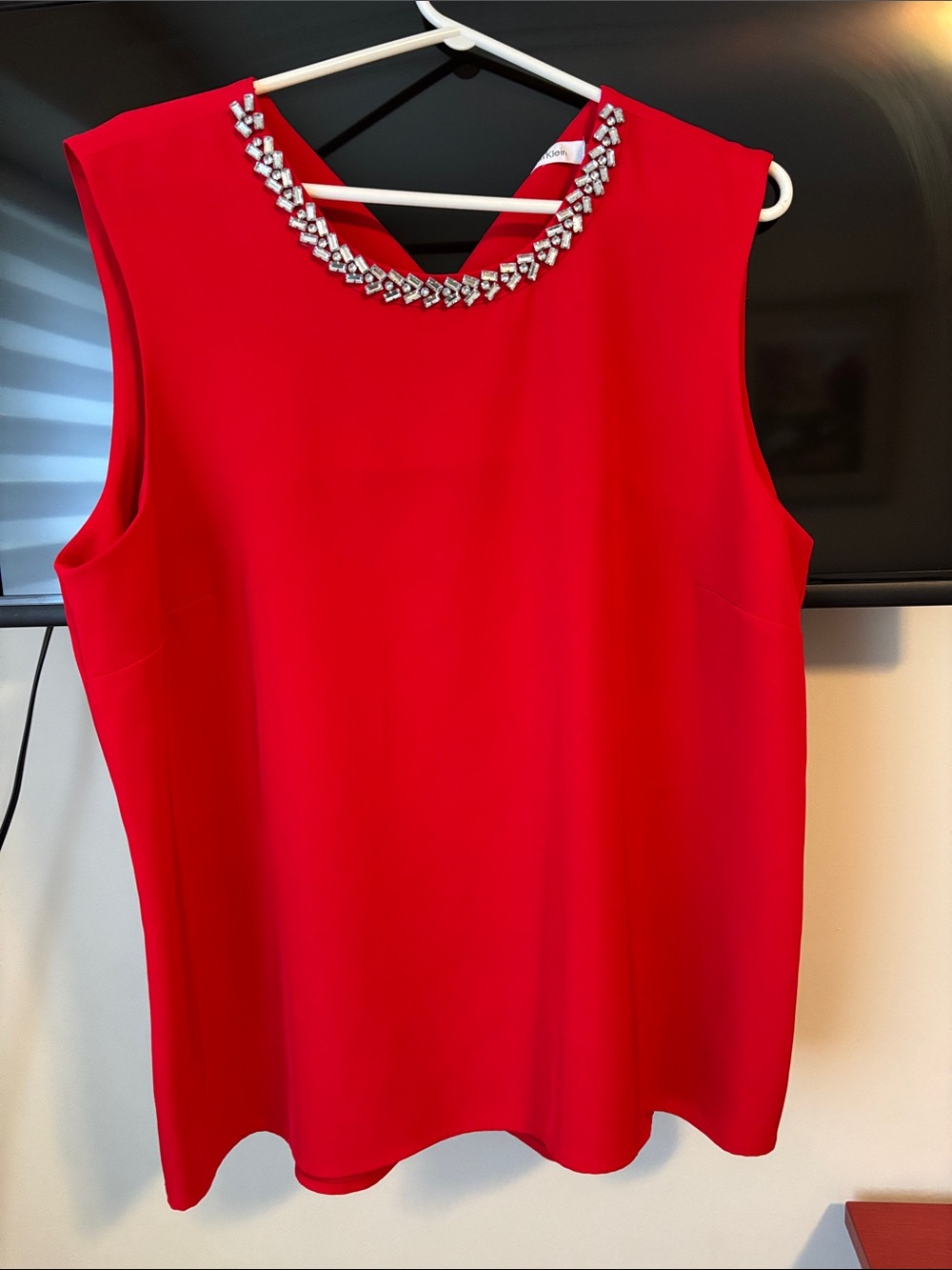 Calvin Klein Red Sleeveless Blouse with Crystal Collar